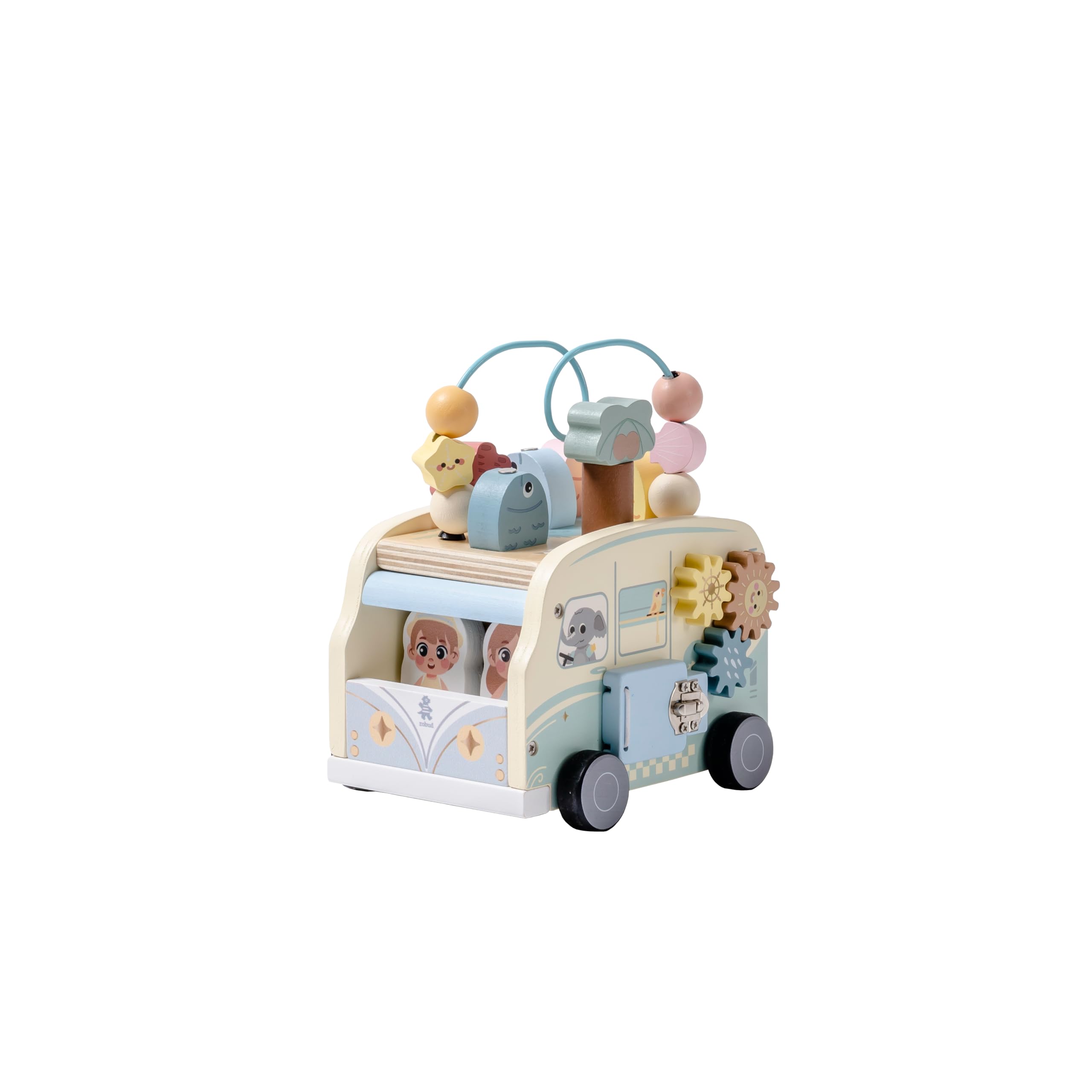 ROBUD Wooden Bus Activity Cube, 8-in-1 Montessori Busy Car Toy with Bead Maze, Gears & Latches, Educational Sensory Toy for Toddlers 1-3, Blue