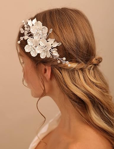 Miniatura 6 de Jumwrit Pinza para el pelo nupcial con diamantes de imitación, pinza de pelo de flor blanca para novias, damas de honor, tocado de perlas hechas a