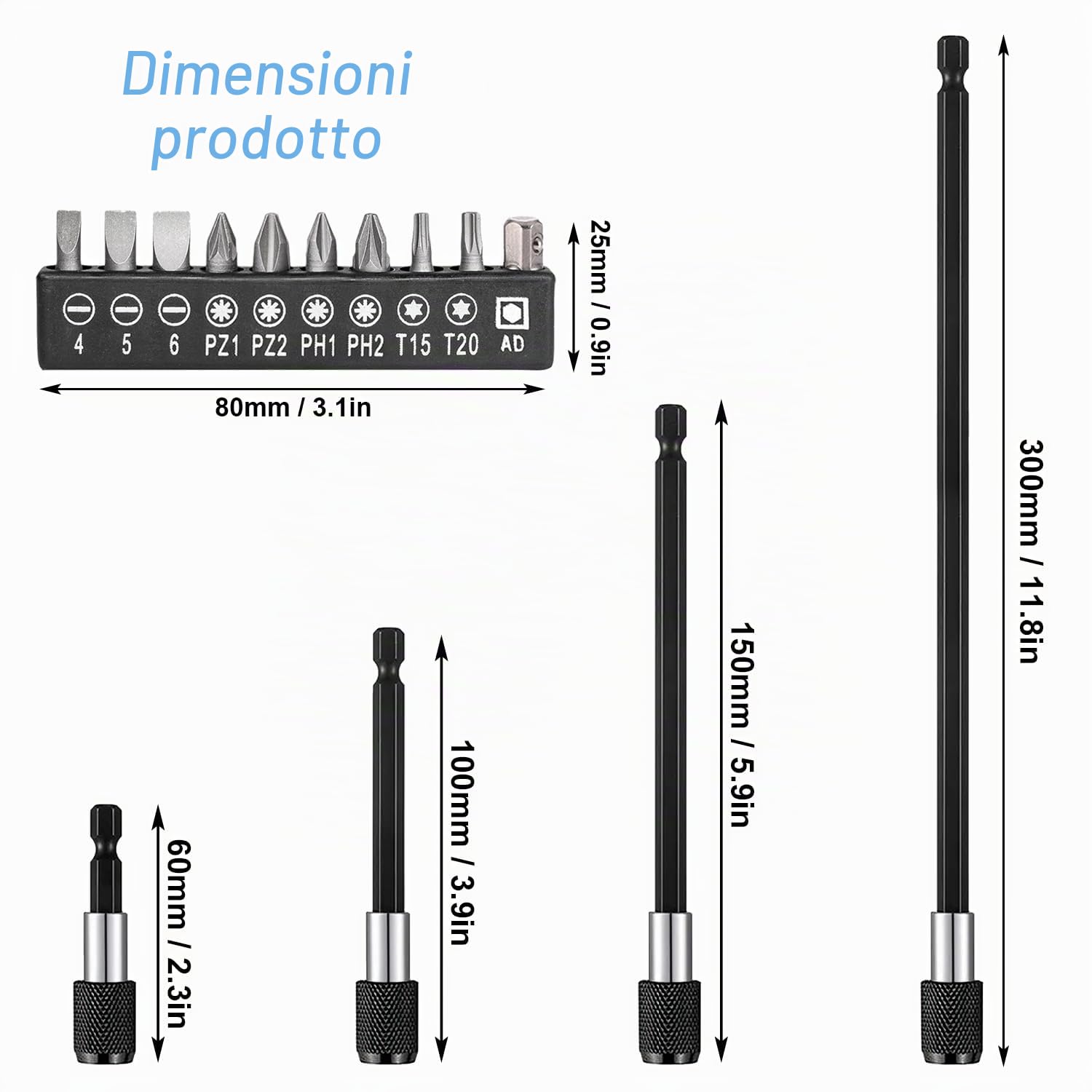 14 estensori per trapano, in acciaio legato, 60/100/150/300 mm, supporto per punte per cacciavite 1/4, trapano magnetico con attacco esagonale, prolunga per punta per cacciavite a batteria (nero)