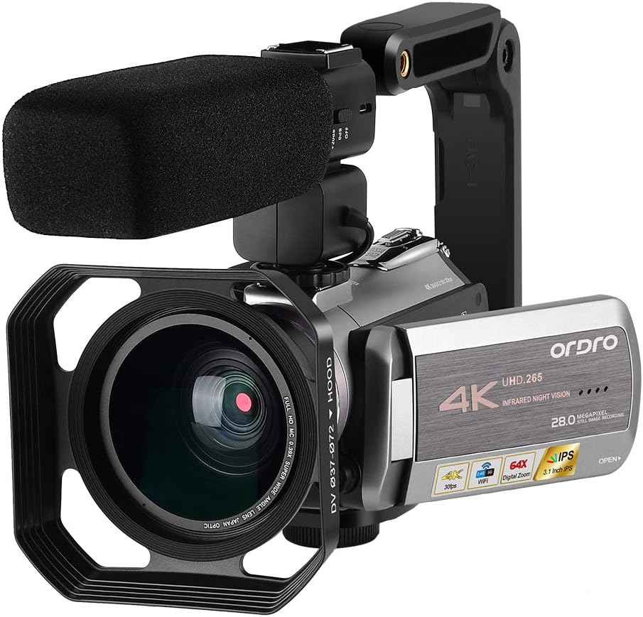 ORDRO Video Camera 4K Camcorder 4K Ultra HD 30FPS Digital Video Camera WiFi Recorder IR Night Vision 3.1" IPS Touch Screen with Stereo Microphone, Wide Angle Lens, Camera Holder and 64GB SD Card