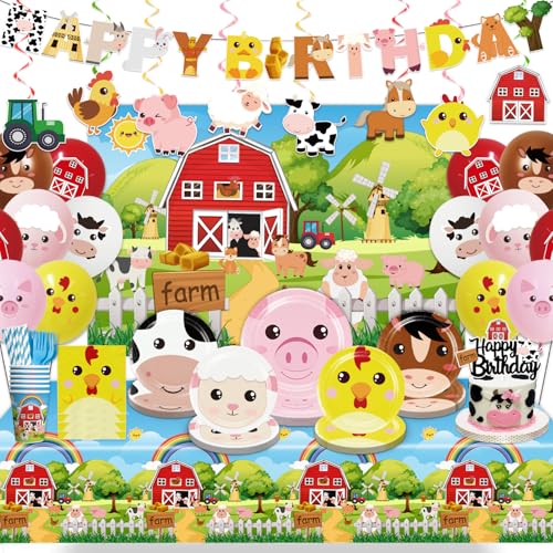 Cocomigo 159pcs Farm Birthday Decorations for Kids, 5 Styles Of 350gsm Thick Animal Plates 2...