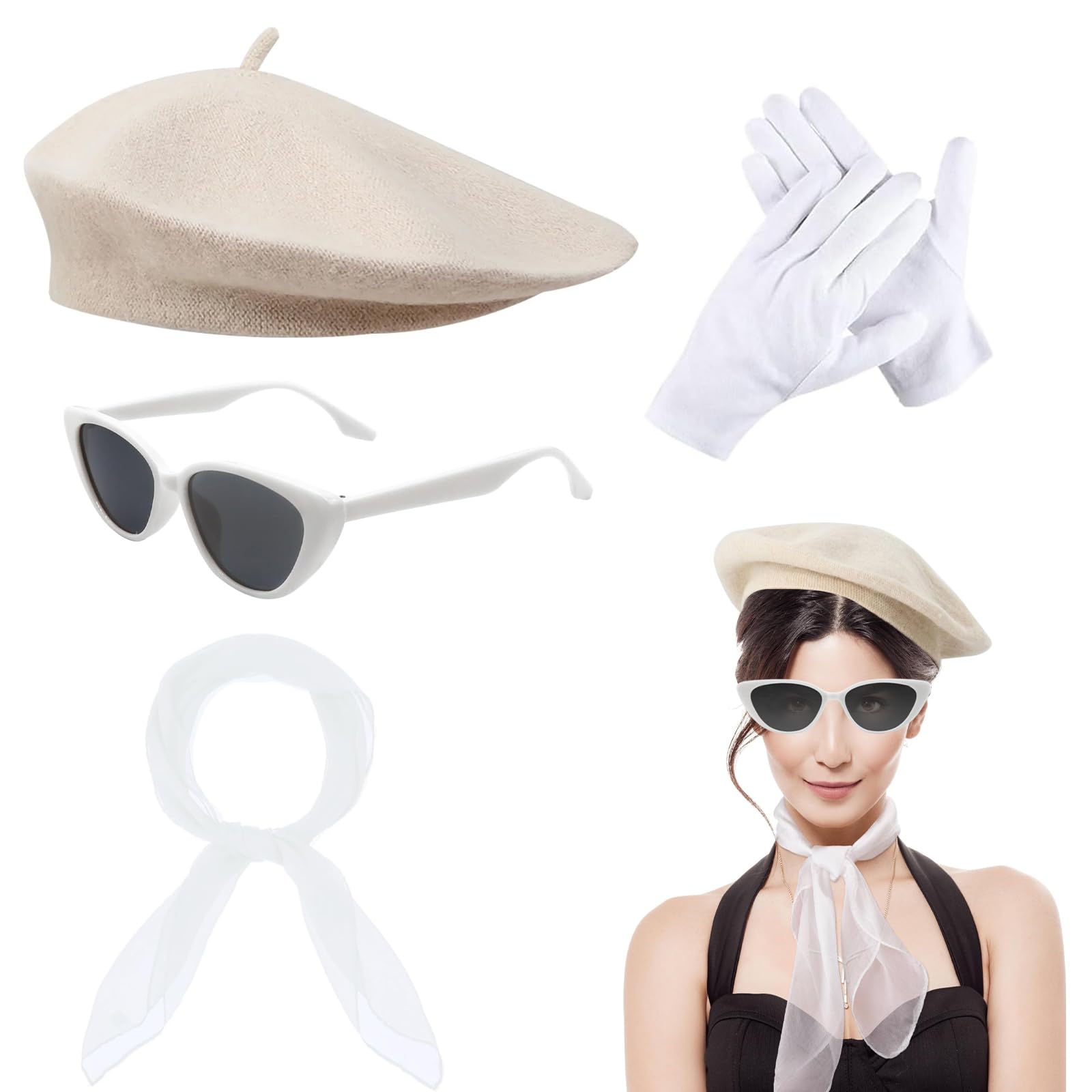 Accesorios Disfraz Francés Mujer + Conjunto Retro 1950s + Boina Beige Gafas Bufanda Guantes + 56-58cm Tamaño Único Blanco