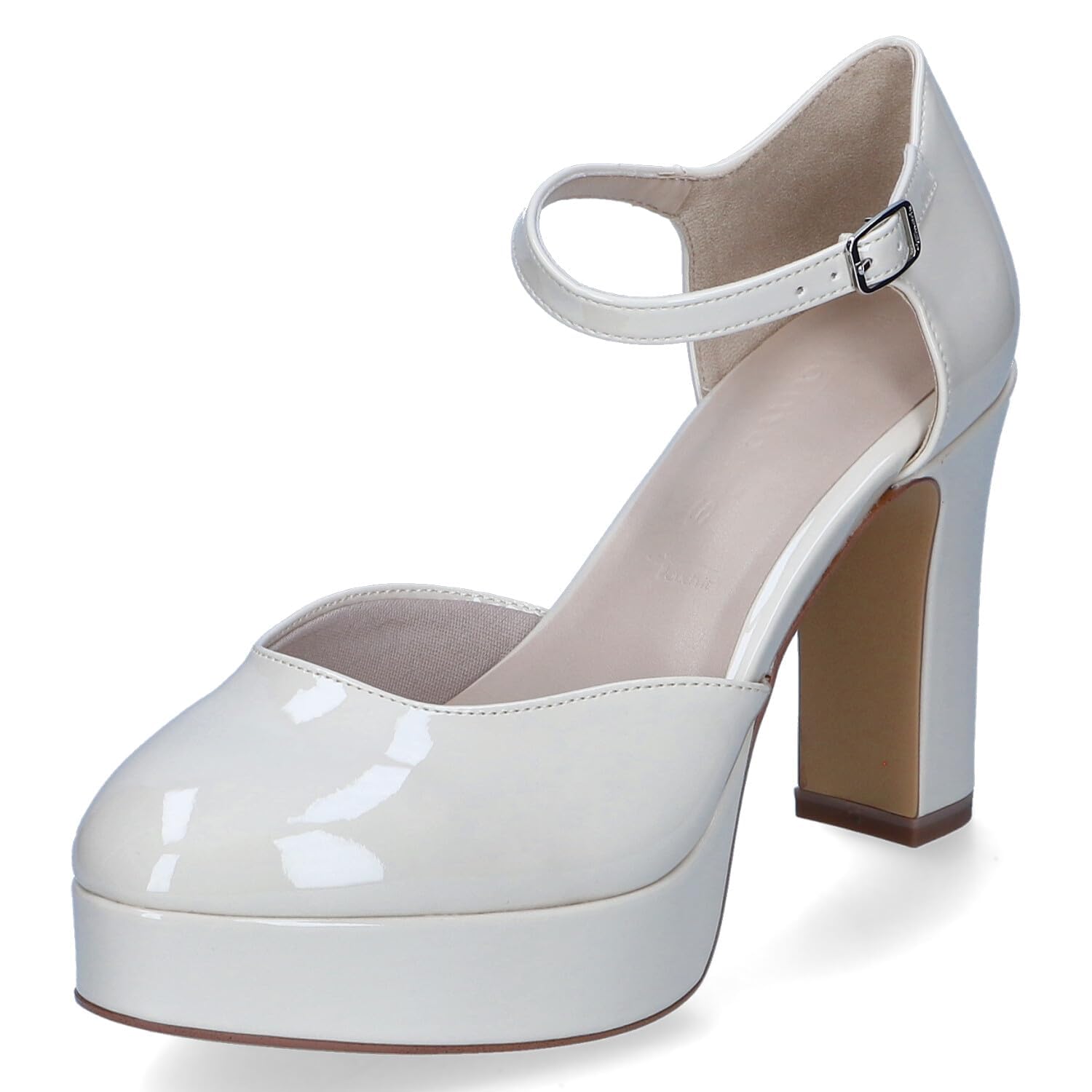 Tamaris Women's Vegan Block Heel Strappy Pumps, Ivory Patent., 6.5 UK