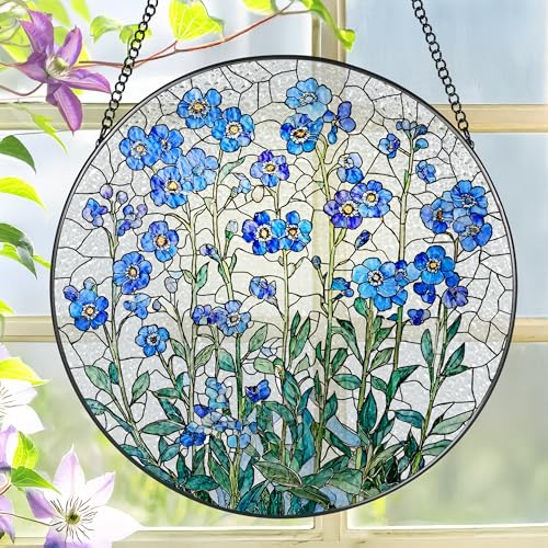 8 Inch Stained Glass Window Hanging Forget Me Not Flower Stained Glass Suncatcher Window Decor Plant Lover Gift for Women Forget Me Not Gifts for Couples Best Friend Family Colleague Classmate