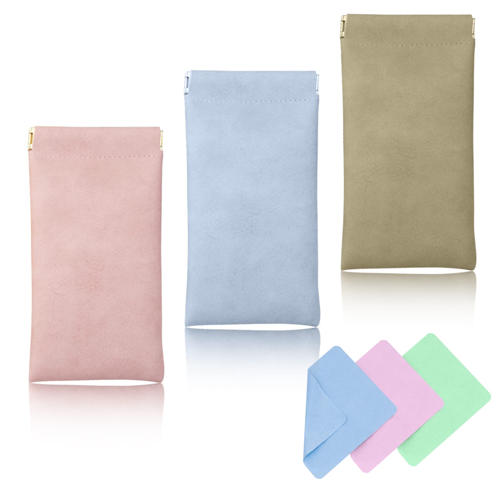 Leather Glasses Case, 3 Pack Portable Squeeze Top Soft Glasses Pouch Water Proof Sunglasses Case Pouch with Cleaning Cloth, Eyeglass Storage Bags for Women Men Kids