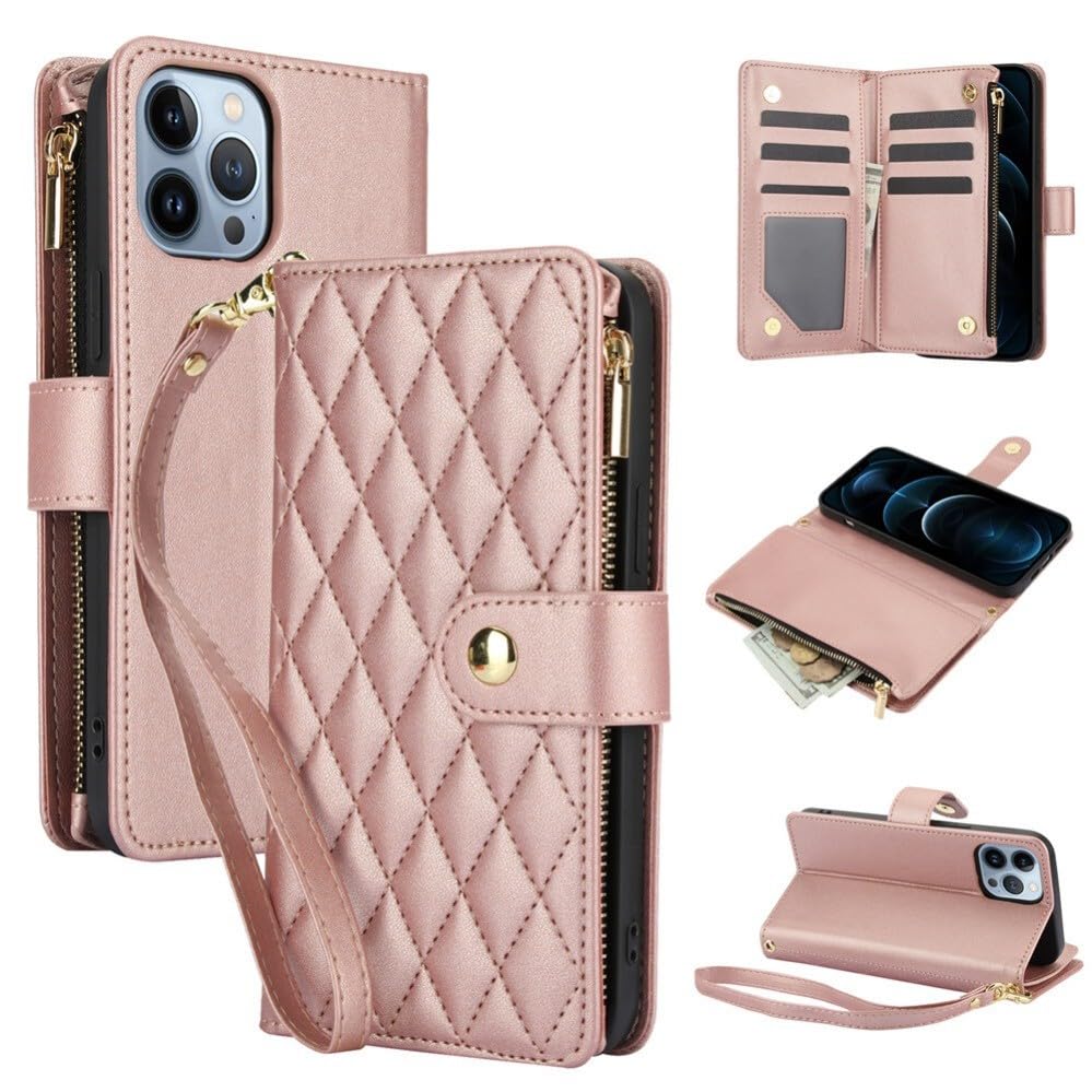 Generic - Funda tipo libro para iPhone 11 (color: oro rosa) con correa larga de piel