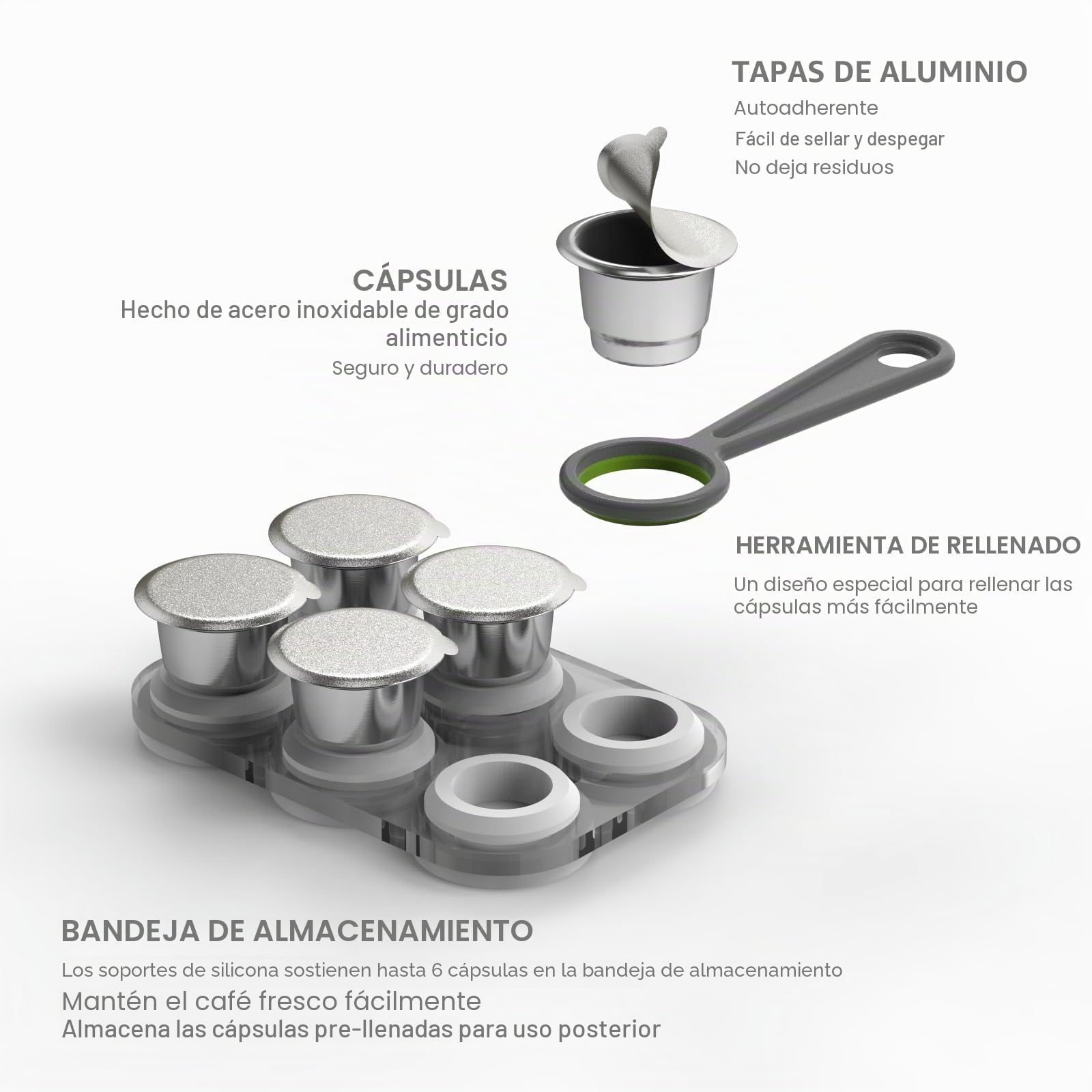 Cápsulas reutilizables para Nespresso OriginalLine, 6 cápsulas de café recargables, tazas de acero inoxidable compatibles con máquina Nespresso OriginalLine (6 cápsulas + 100 tapas + tabla de