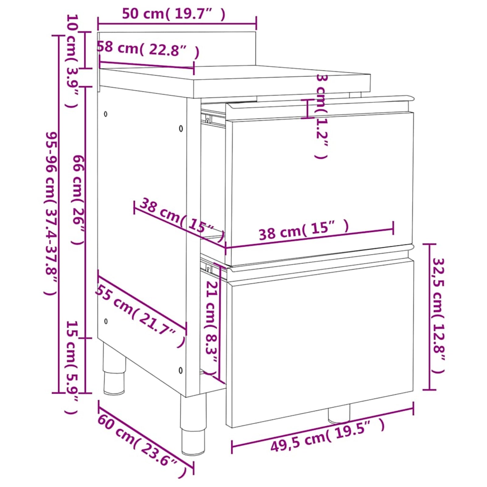 Edelstahl-Küchenschrank mit Schubladen, Silber, 50x60x95-96cm, für Küche und Gastronomie 3081934
