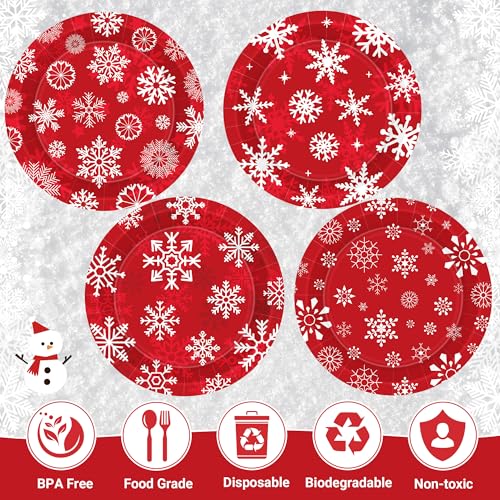 QZYL 48 Pcs Christmas Plates, Disposable Christmas Paper Plates Set in 4 Styles, 9" Red Xmas Snowflake Plate, Xmas Party Supplies for Ugly Sweater Winter Holiday Dinnerware Decor – Image 4
