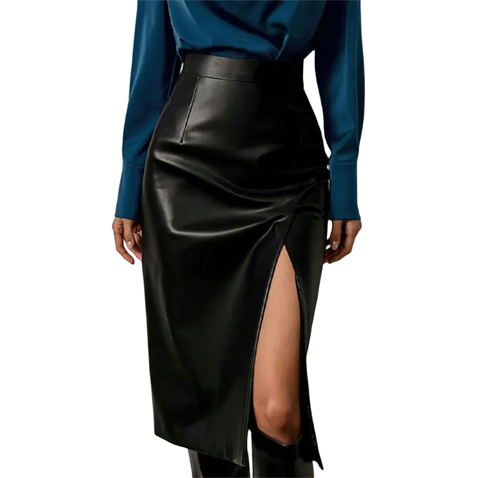 Gonna Lunga Donna Nero Faux Leather Side Split Gonna per Le Donne Bodycon Pu Gonna Gonne Slit-Nero-s(43-48kg)