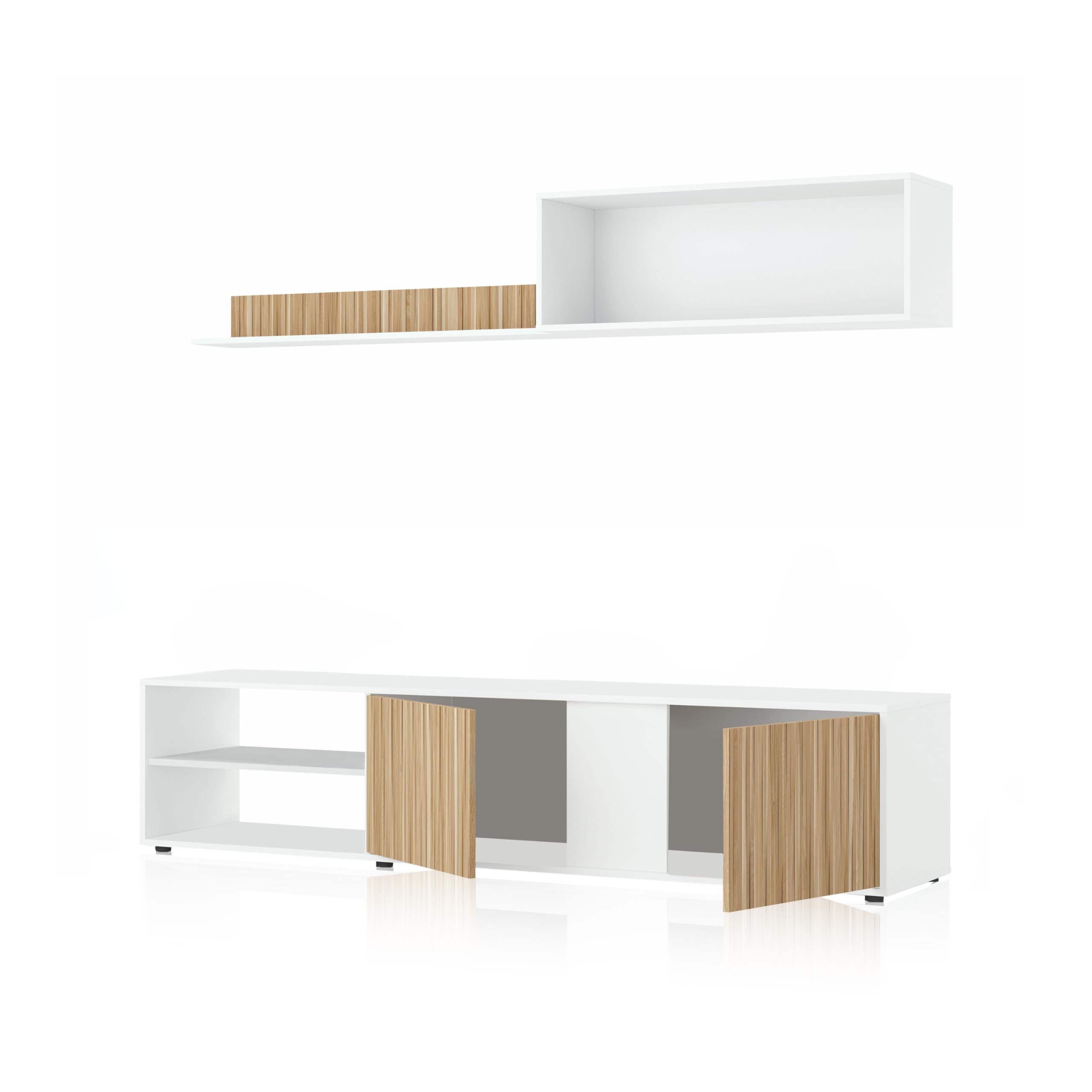 duehome | Conjunto Reversible de Salon, Mueble de TV, Modulos de Comedor, Modelo Alix, Acabado en Blanco Artik y Natur, Medidas: 180 cm (Largo) x 33 cm (Fondo) x 40 cm (Alto)