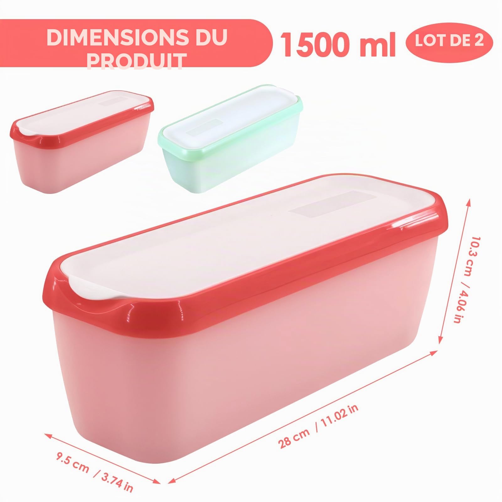 Lot de 2 bac a glace maison, 1,5 L boîte pour glace maison, Récipients Réutilisables pour la Crème Glacée faite Maison, Sans BPA en qualité alimentaire (vert+rouge clair)