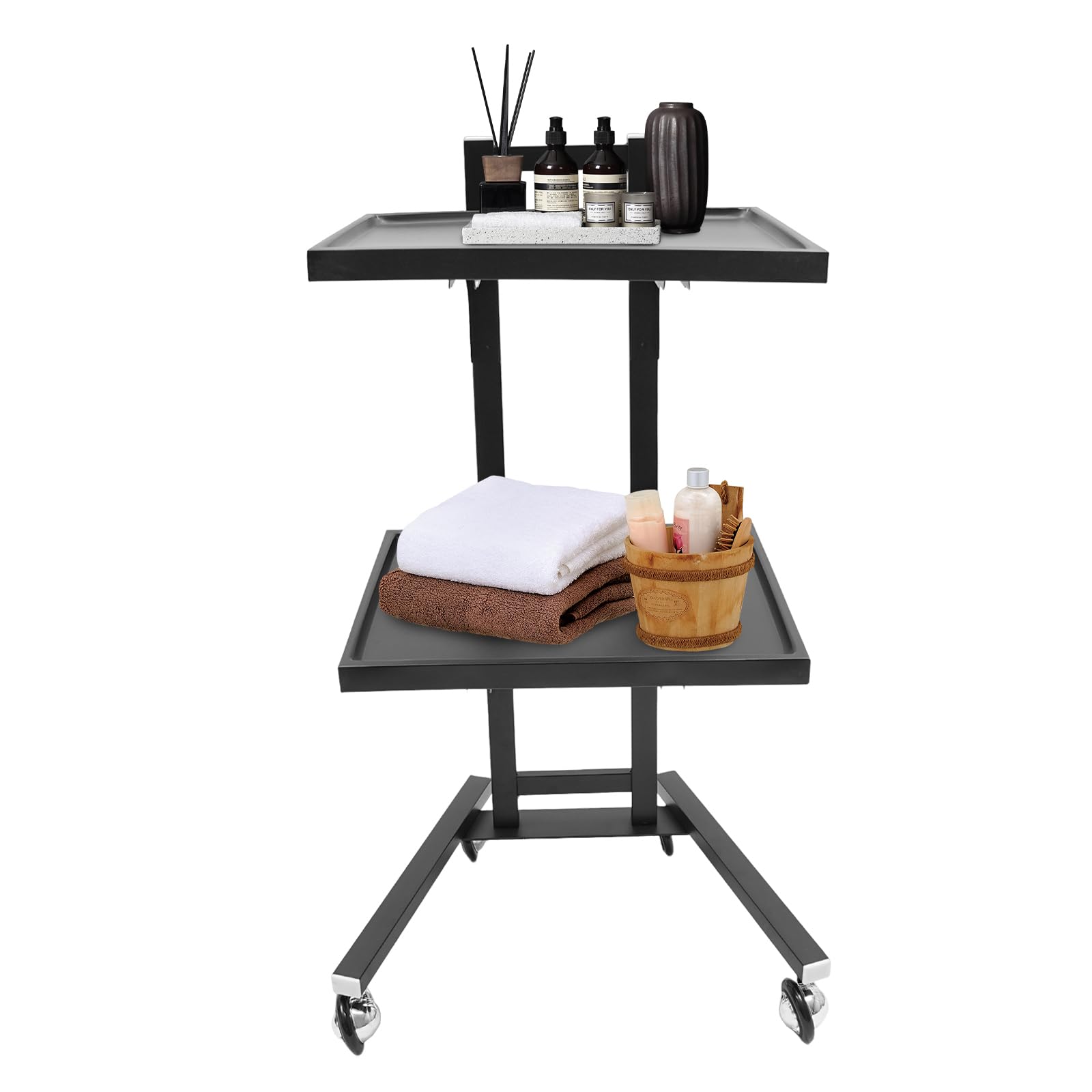 Hairdressing Trolley,2-Tier Metal Rolling Salon Trolley,Salon Tattoo Cart with Trays & Anti-tangle Hair Wheels,Foldable Dental Medical Tray Rolling Cart for Barber Shops,Beauty Salon (Black)