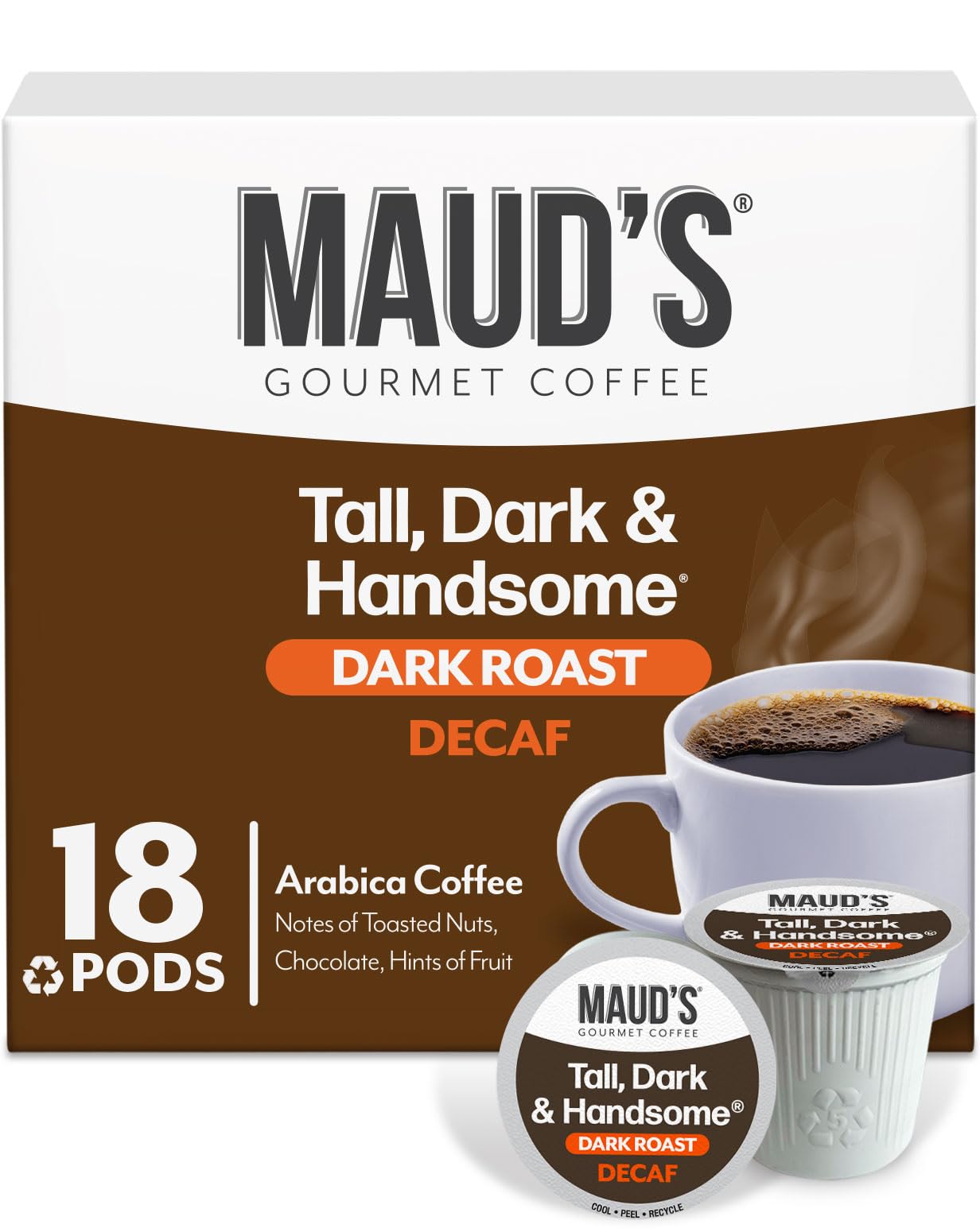 Maud's Decaf Dark Roast Coffee Pods, 18 ct, Decaffeinated Coffee in Single Serve Pods – 100% Arabica Coffee, Compatible with Keurig K Cups Maker