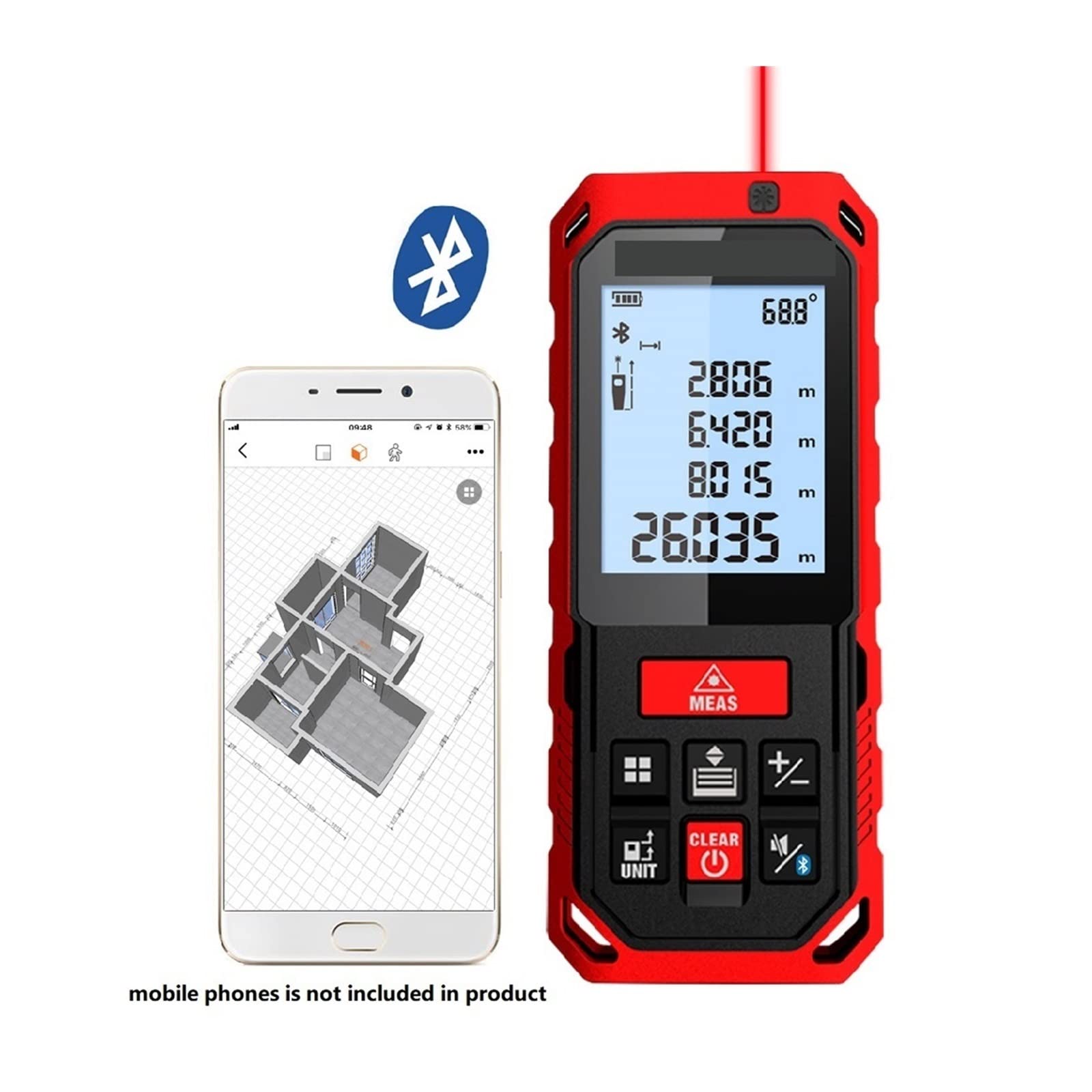 Telémetro láser recargable de 50M, 70M, 100M, 120M, medidor de distancia láser, herramientas de ángulo de medición láser, diastímetro rojo(Bluetooth Version,50m)