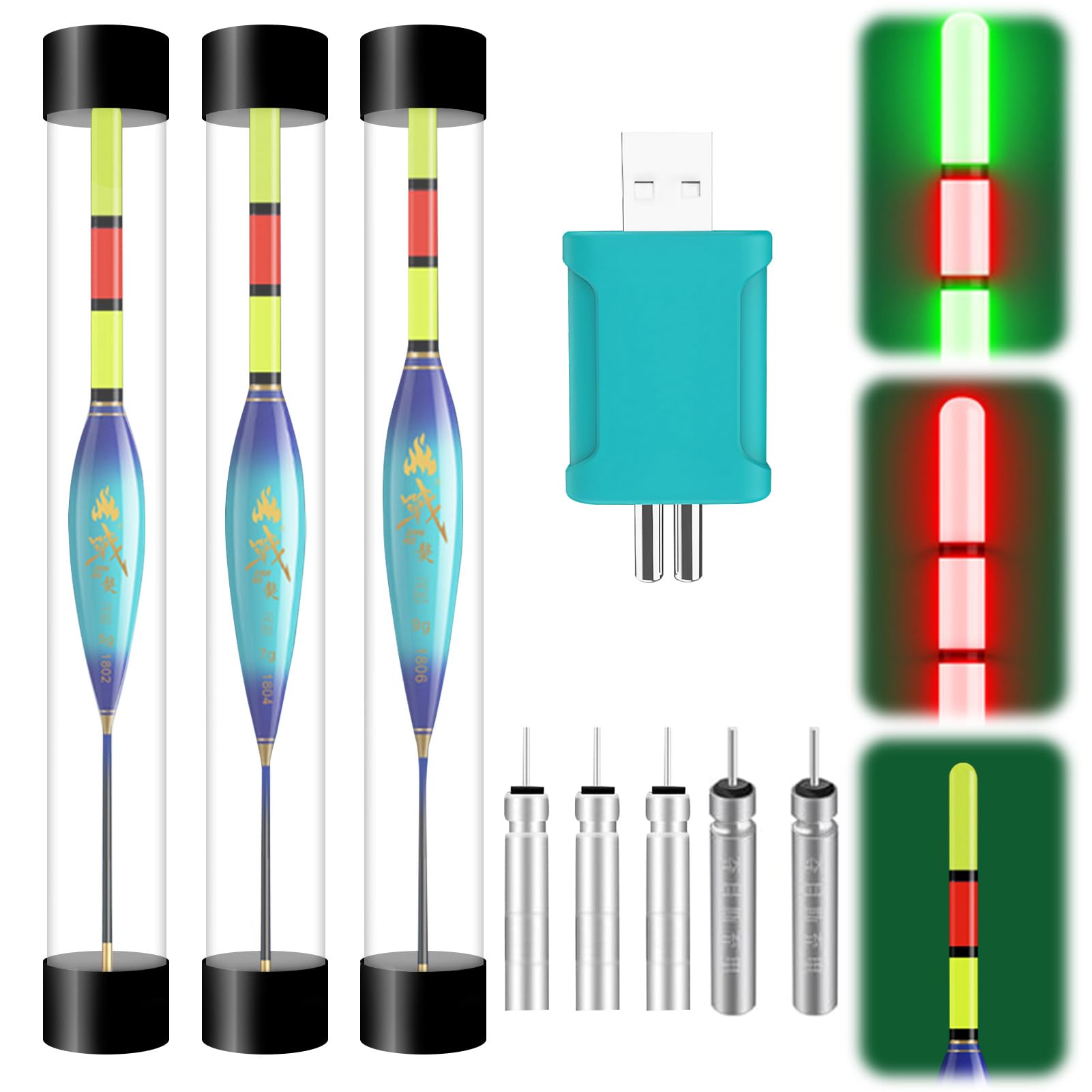 Hekasvm LED Fishing Floats Set 4 g / 6 g / 8 g Can Change Colour When the Fish Bits the Hook, Fishing Accessories Fishing Floats with Battery Charger and Rod Battery Type CR425 (5g/7g/9g-B)