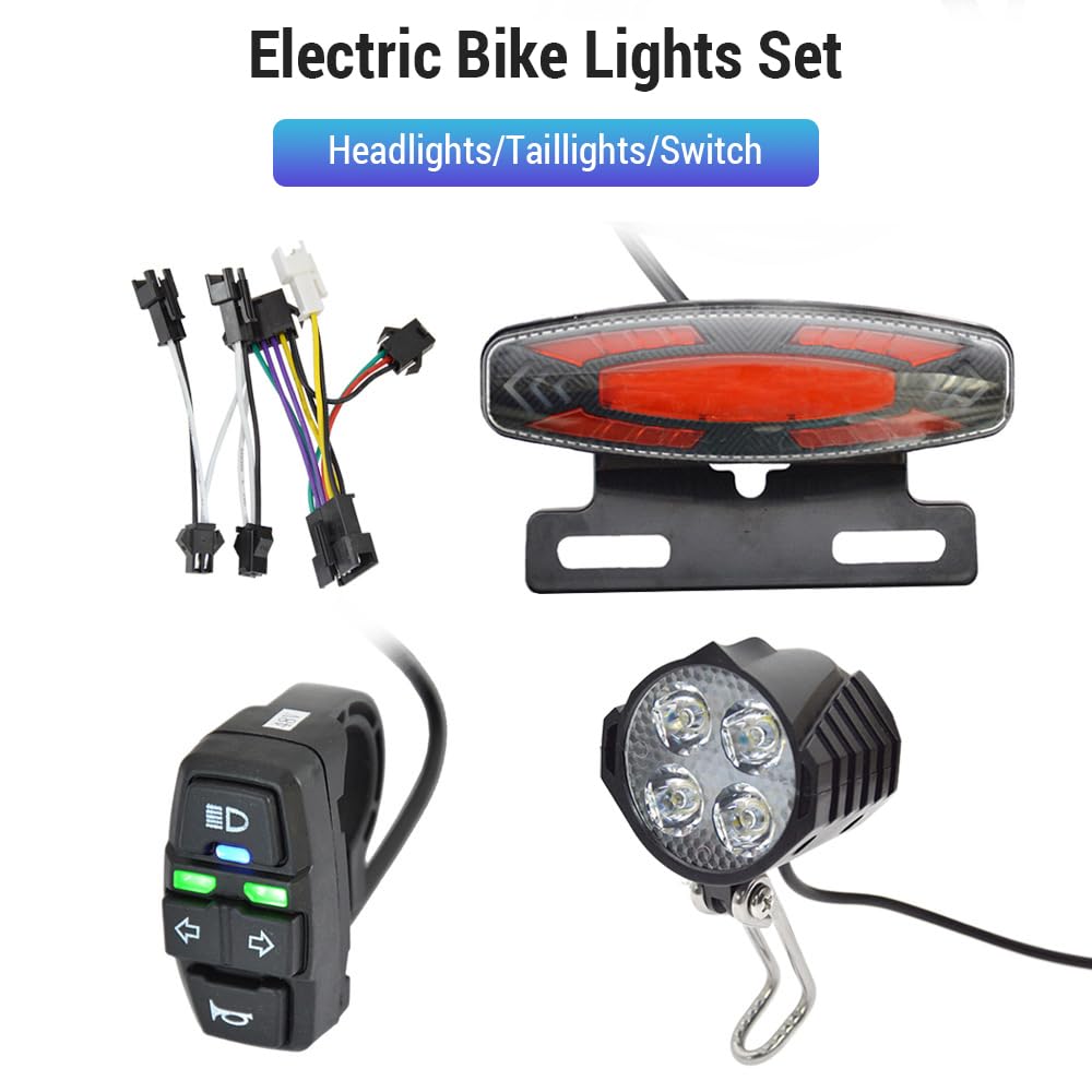 ACAGALA Bicycle Headlight and Taillight Set Ebike Turn Signals Front and Back Light Electric Bike Light Horn Kits with Switch 24-48V