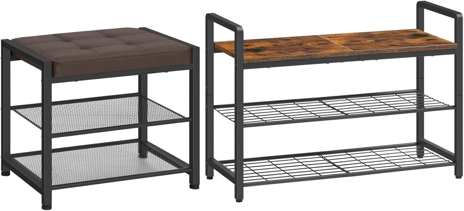 HOOBRO Small Shoe Bench Bundle, 3-Tier Shoe Rack, 29.5" L Shoe Storage Bench with Metal Handles, Industrial Shoe Organizer for Hallway, CB33HX01-BF32HX01