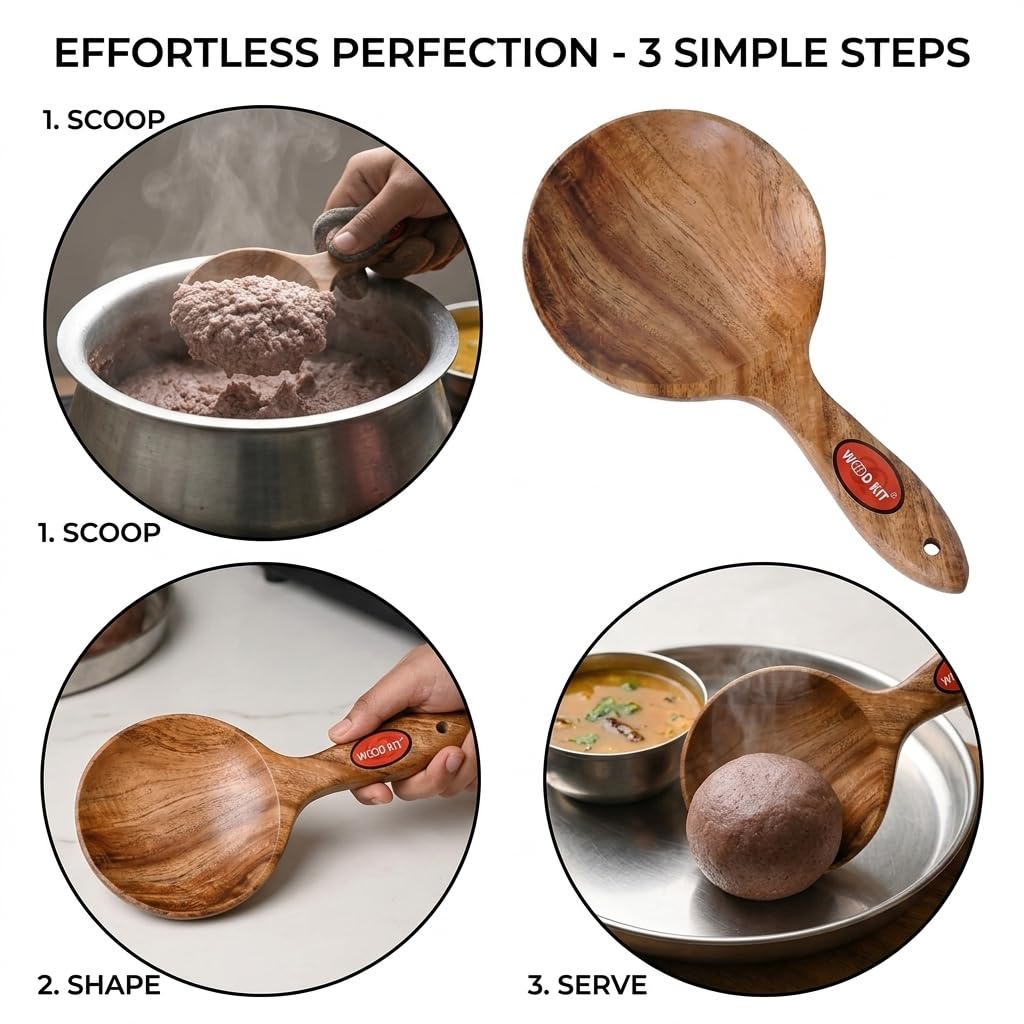 WoodKit Neem Wood Ragi Mudde Shaper | Traditional Ragi Sangati Maker & Millet Ball Ladle | Heat Resistant & Ergonomic 10" Design | Eco-Friendly, Non-Toxic & Antibacterial Brown 24.5 cm 1