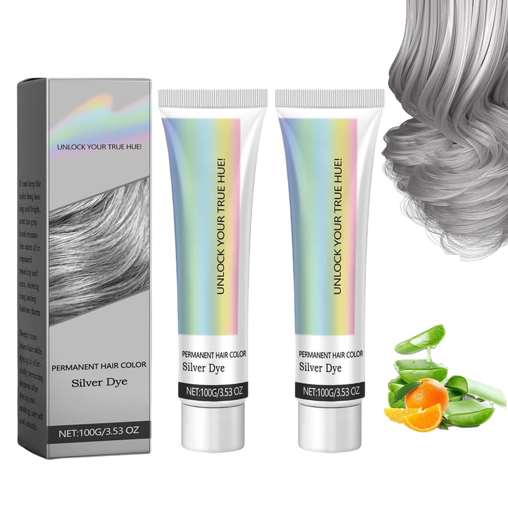 2 in 1 Natural Essence Extract Silver Hair Dye,silver Gray Natural Hair Dye Cream,Permanent Fashion Color Hair dye, For All Hair Types (2PCS)