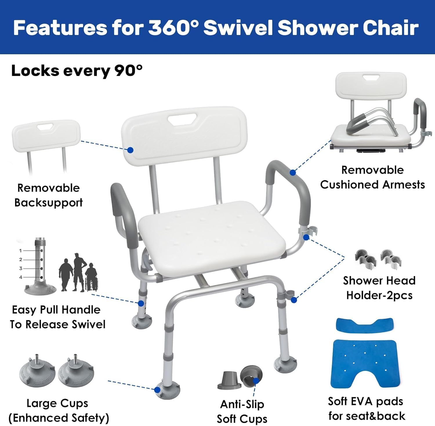 Silla de ducha giratoria con respaldo y brazos, silla de baño giratoria para discapacitados con almohadillas a prueba de frío, soporta 180 kg, montaje sin herramientas, silla de ducha giratoria para