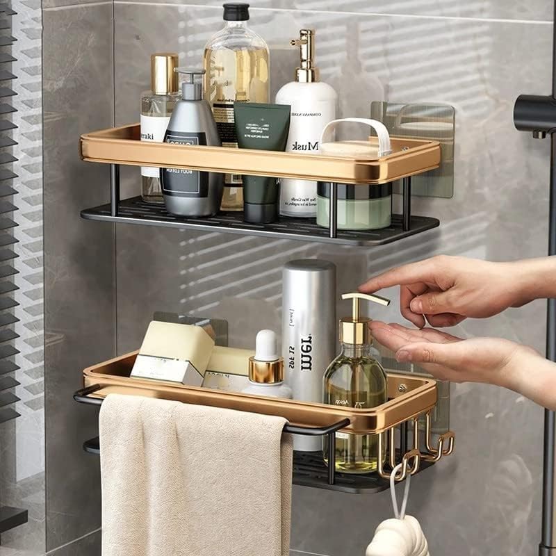 Image of Bathroom Accessories - Multipurpose Aluminium Bathroom Shelf for Wall, Self-Adhesive Wall Mounted Bathroom Organiser Without Drill (2, Bathroom Shelf - Gold)