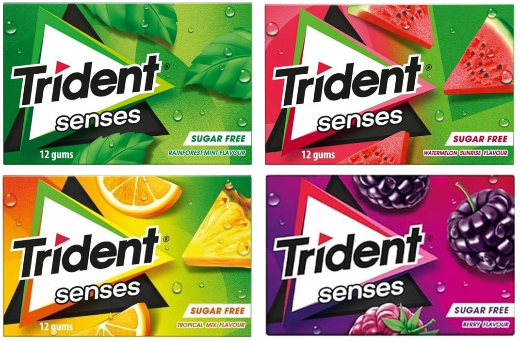Trident Senses Miscela di gomme da masticare | Senza zucchero | Gusto Anguria Sunrise | Gusto mix tropicale | Gusto Menta Foresta Pluviale | Gusto Festa dei Frutti di Bosco | 12 confezioni (12 x 12 co