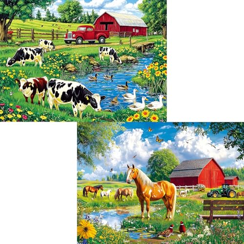 2 Pack 500 Pieces Puzzle for Adults–Country Life Puzzle for Adults Kids Elderly–Recycled Paper Cow Tractor Horse Jigsaw Puzzle 500 Pieces–Glossy,Sturdy Pieces Challenging Family Game Great Gift Idea