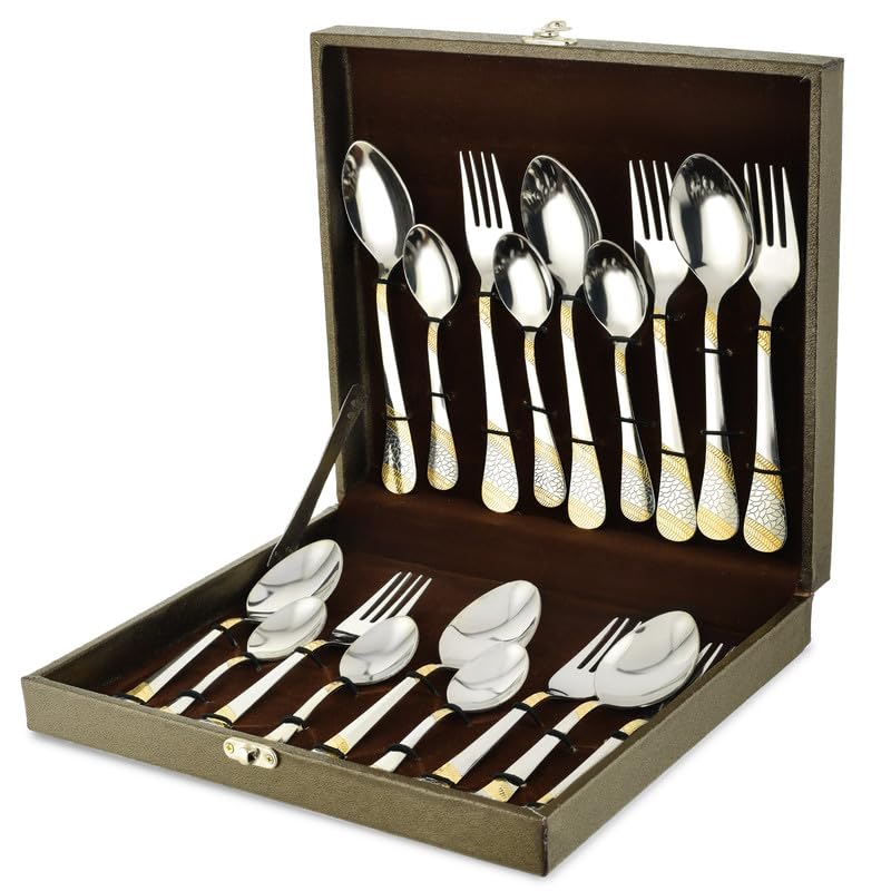 Parage 18 Pieces Premium Stainless Steel Golden Cutlery Set, Home & Kitchen with Gift Box (6 Pieces Each Table Spoons, Table Forks & Tea Spoons) with Leatherite Box (Imperial Design) (B0D9VLJJLK) Amazon Price History, Amazon Price Tracker