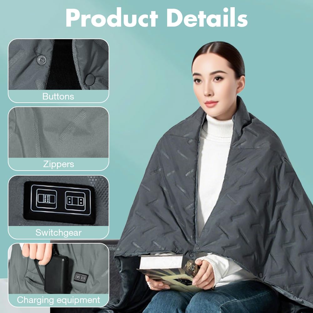 Coperta elettrica con batteria senza fili, 140 x 112 cm, batteria da 10000 mAh, coperta termica USB con 12 zone di riscaldamento e 3 livelli di regolazione della temperatura, lavabile, per casa