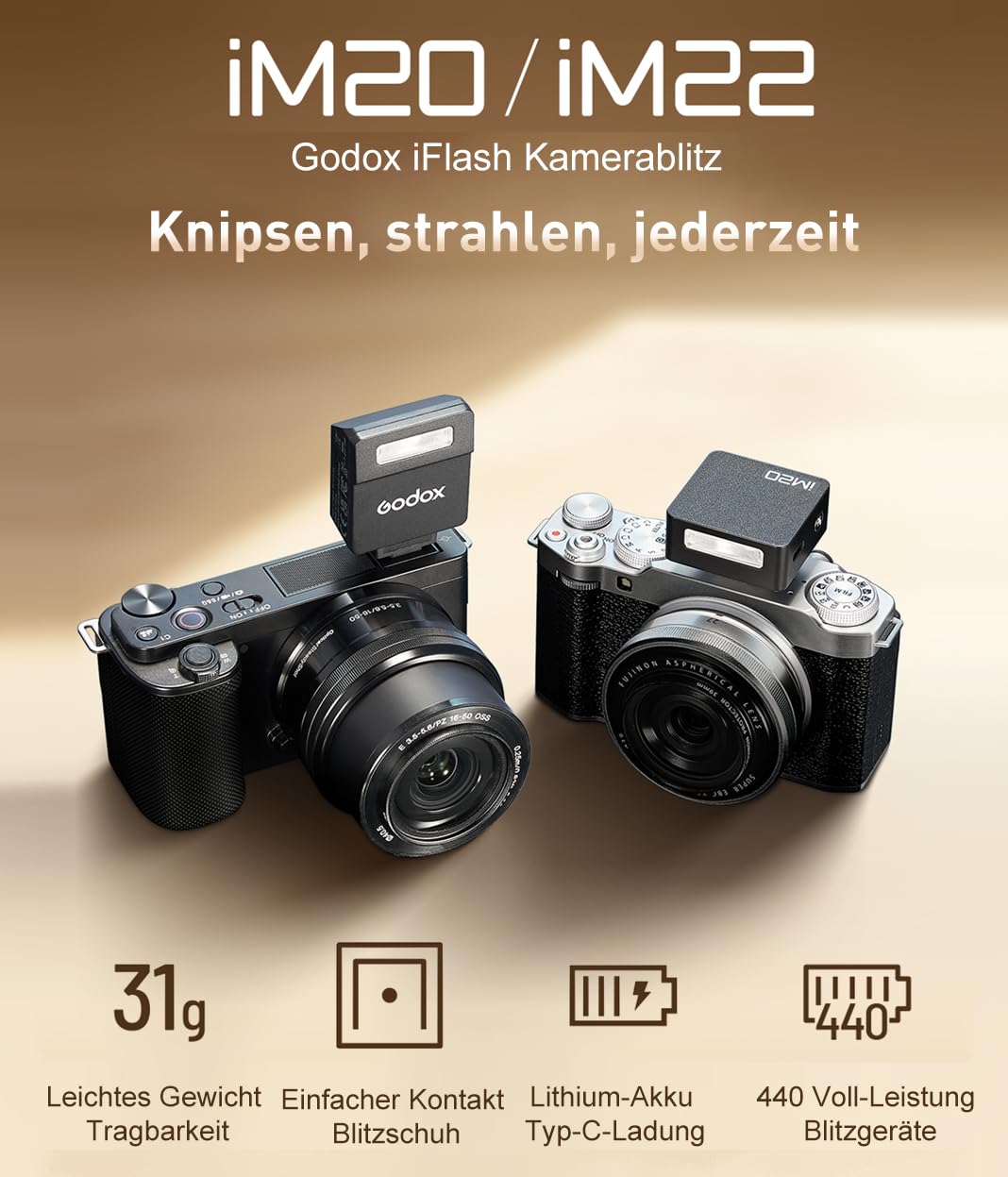 Godox iM20 Kamerablitz 5 Leistungsstufen,Mini Blitz wiegt nur 30g | USB-C-Aufladung mit 470-mAh-Lithium-Akku, für Canon Sony Nikon Fuji Olympus