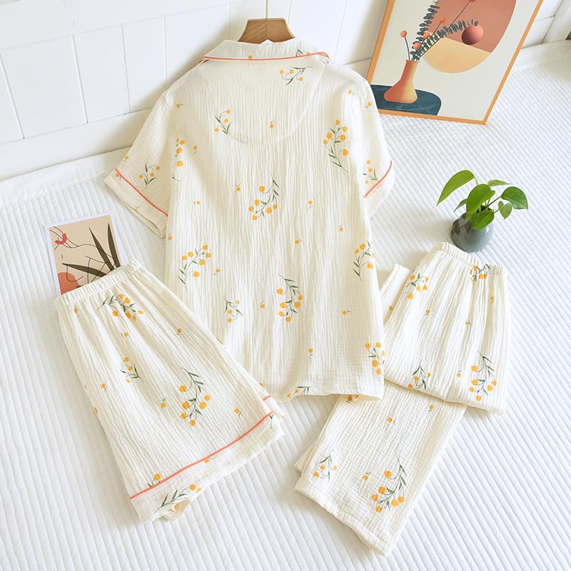 Image of codcm Womens 3pcs Cotton Pajamas Set Short Sleeve Sleepwear Fruit Print Cute Pj Set with Long Pants
