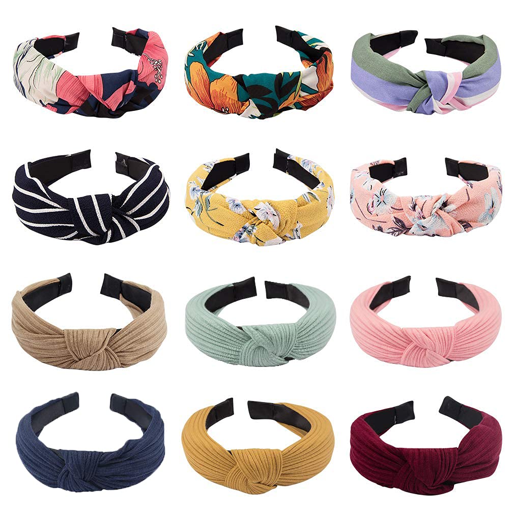 12 Pack Headbands for Women, Non-slip Knotted Headbands for Daily Wear, Fashion Headbands with Soft Material Fabric Headbands Diademas Bow Headbands for Ladies and Girls