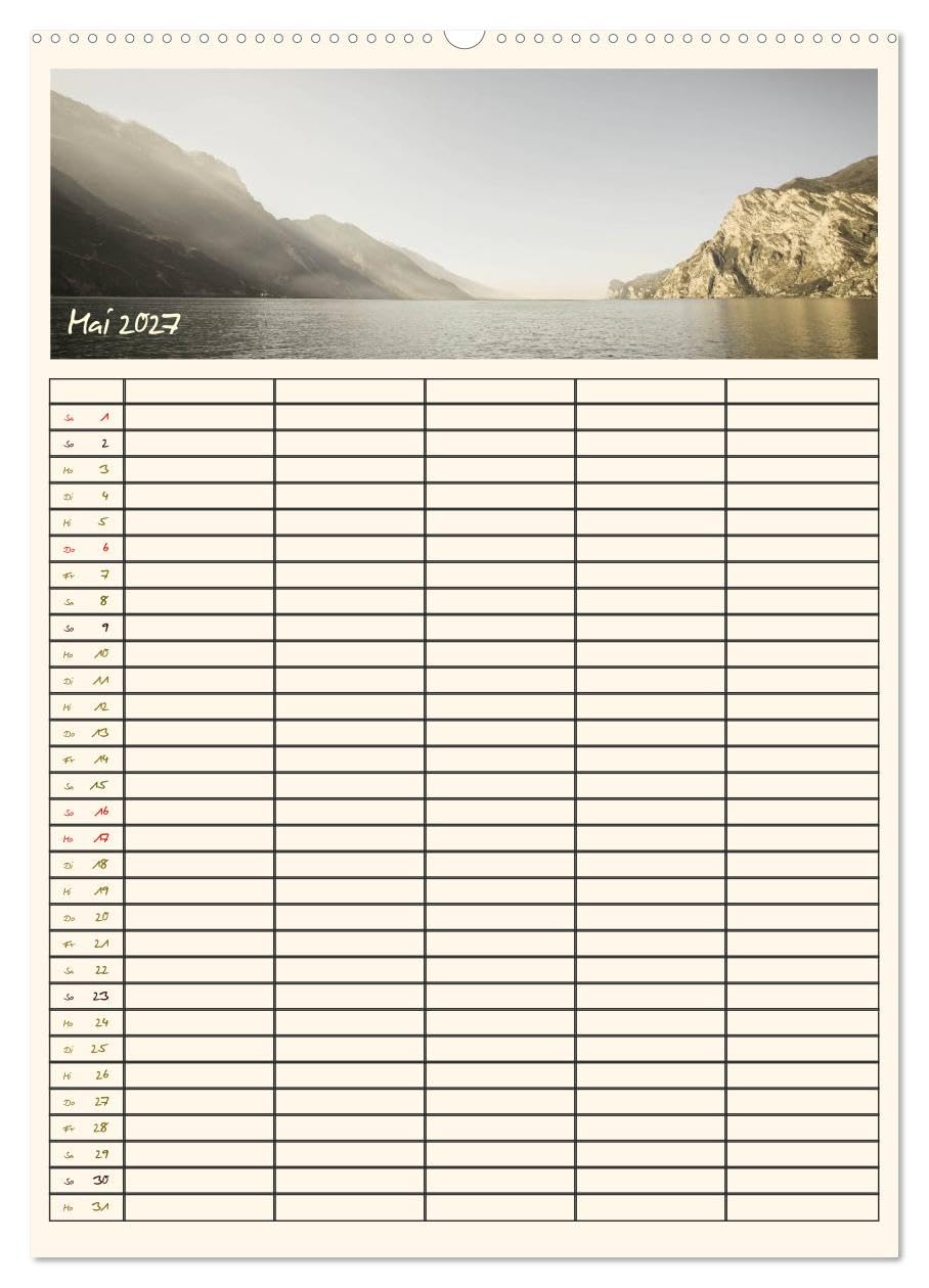 CALVENDO - Der Gardasee im Norden - Familienplaner 2027 (Wandkalender 2027 DIN A2 hoch), Monatskalender: Genießen Sie das atemberaubende Panorama des Nordufers. Für ihre Planung stehen Ihnen 5 Spalten