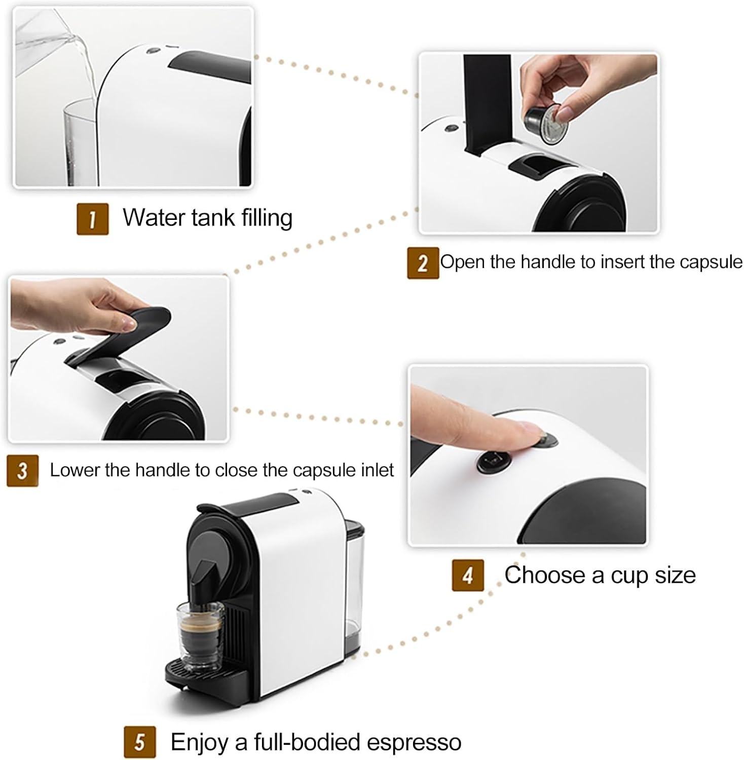Máquina de café espresso, cafetera totalmente automática, tanque de agua de 800 ml, bomba italiana ODE de 20 bares, compatible con cápsulas Nespresso, molinillo compacto para uso doméstico