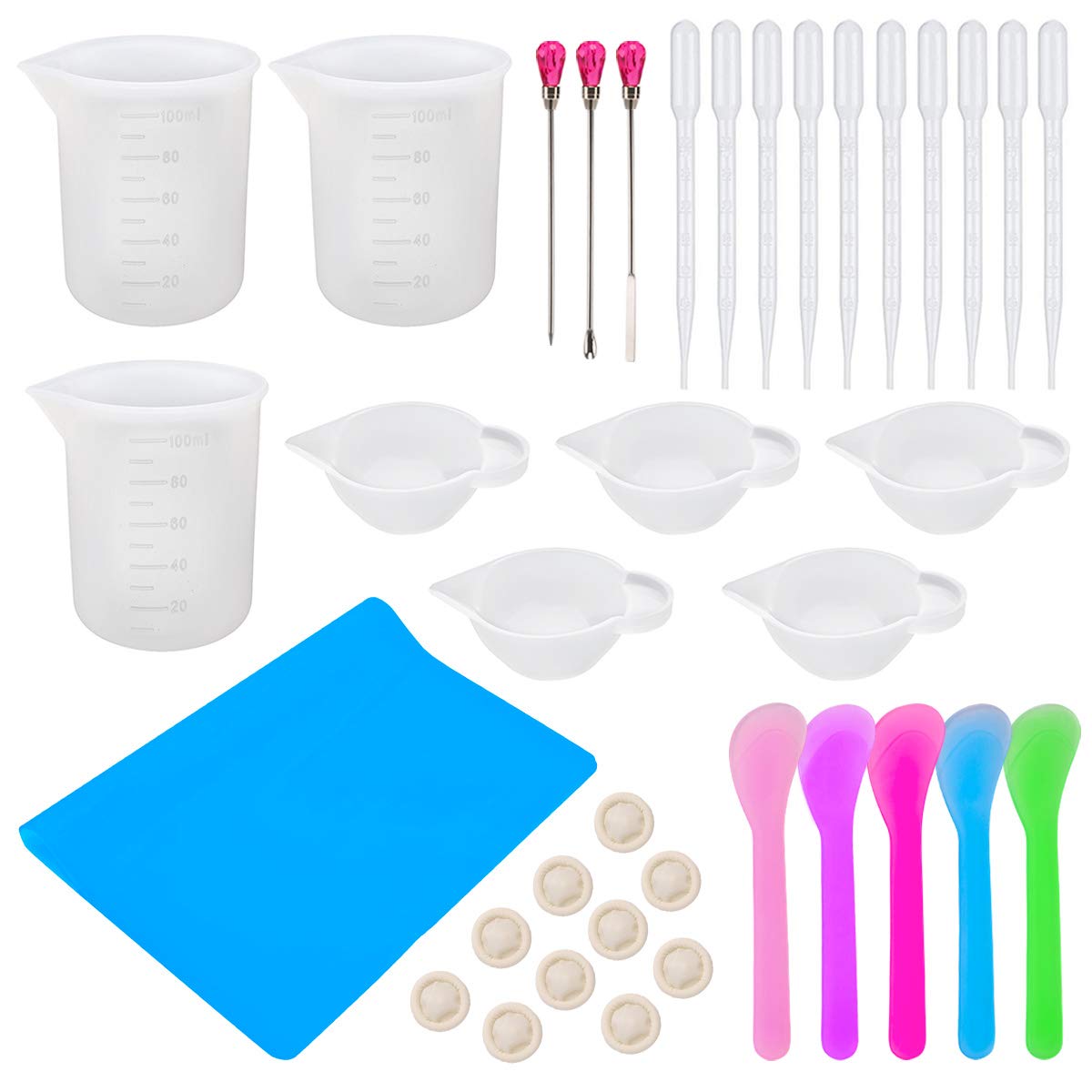 Elisel Resin Casting Tool Kits,Silicone Mixing Cups Silicone Measuring Cups Plastic Transfer Pipettes Mixing Sticks and Silicone Mat for DIY Resin Casting Painting Jewelry Making