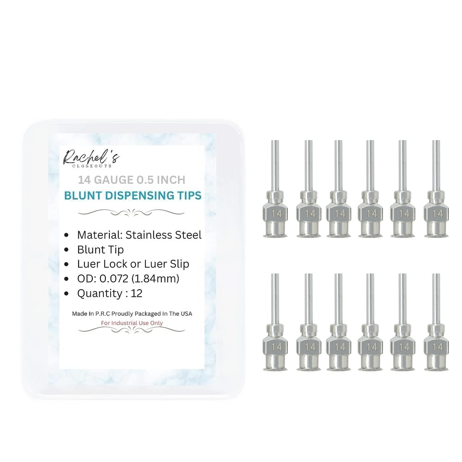 Rachel's Closeouts 12 Packs of 14 Gauge Needle 0.5-inch Stainless Steel Blunt Tip Needle Industrial Dispensing Needle | Luer Lock Needle | Syringe Needles |