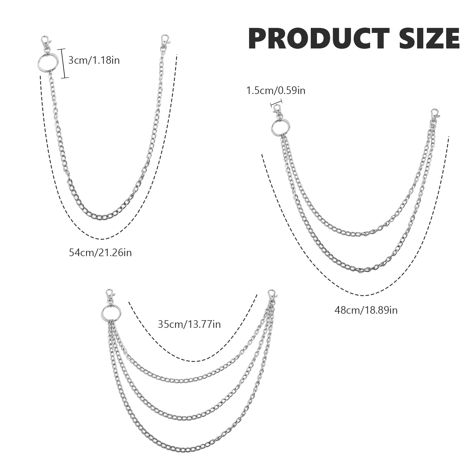 3 Piezas Cadena de Pantalón, Cadenas de Vaqueros, Hip Hop Cadenas de Jeans, Cadena para Cartera para Jeans, Cinturón, Billetera y Llaves (Plata)
