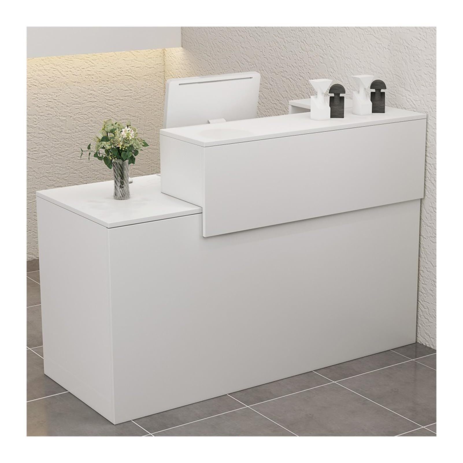 Bancone Reception Bianco con cassetti per Piccoli spazi, Moderno bancone cassiere per Salone, Hall, Ufficio, bancone per Negozi con Tavolo da Bar, Colore Grigio Bianco