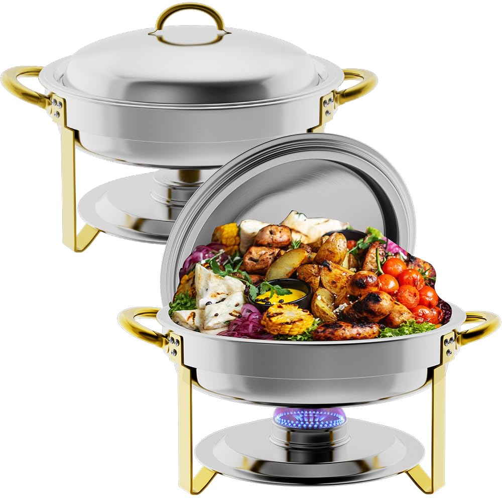 Chafing Dish Buffet Set, Chafers and Buffet Warmers Sets, 5 Quart Food Warmer with Gold Accents, Round Stainless Steel Food Warmer for Hotel Buffets, Catering, Receptions 2 Packs