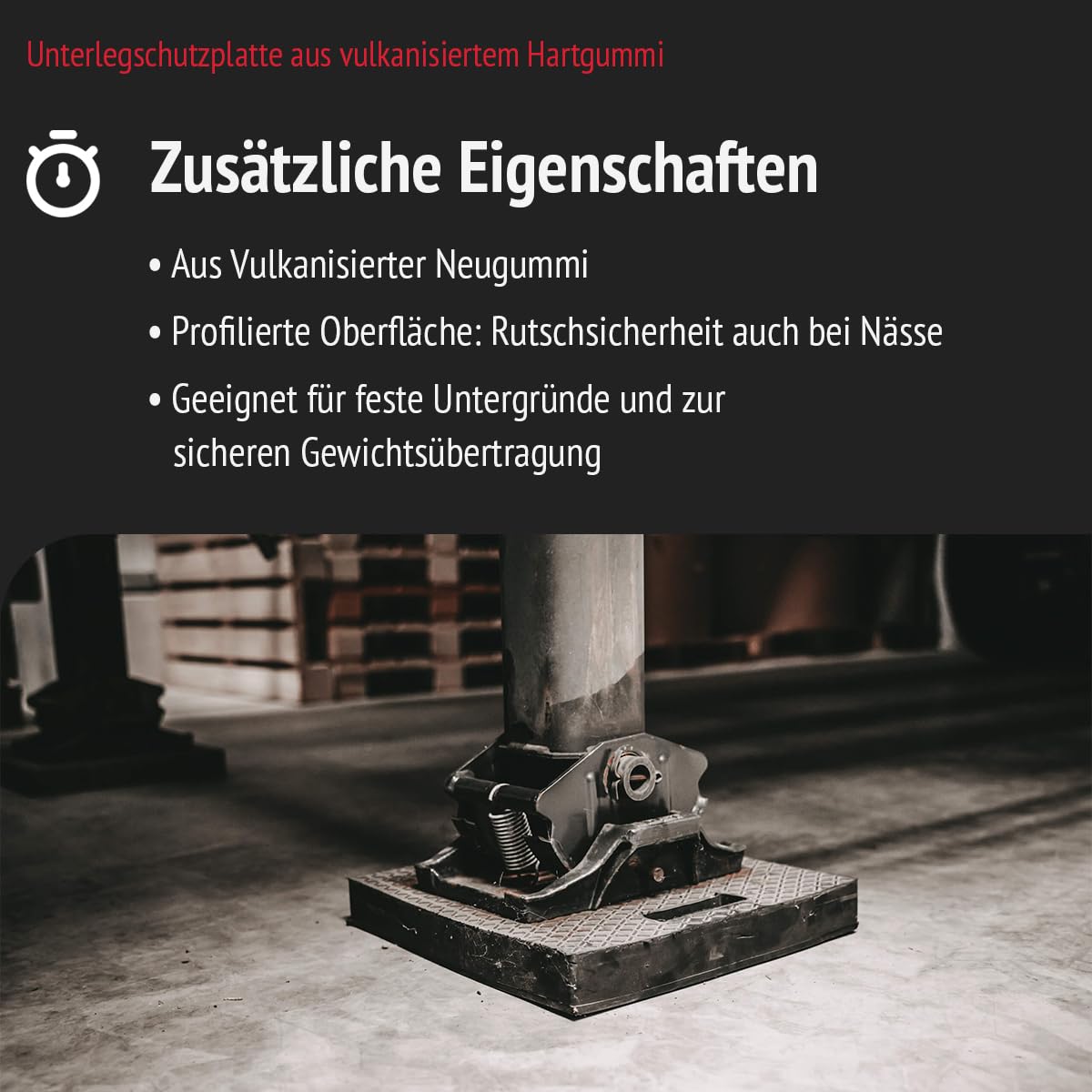 Unterleg-Schutzplatte aus Hartgummi 400x400x50 mm für Stützfüße und Ausleger | Unterlegplatte für Kran, Container, Gerüstbau, LKW