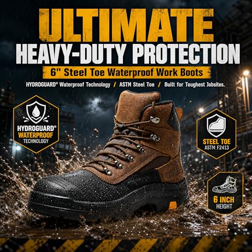 Image of ROCKROOSTER Sedona - Men's Waterproof Puncture Resistant Work Boots, 6 inch Lace Up Steel Toe ASTM Safety Boots AK216