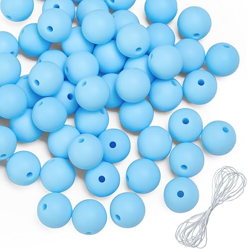 60 cuentas de silicona, cuentas de silicona azul lago de 0.59 pulgadas para hacer llaveros, pulseras y collares, cuentas redondas de silicona para