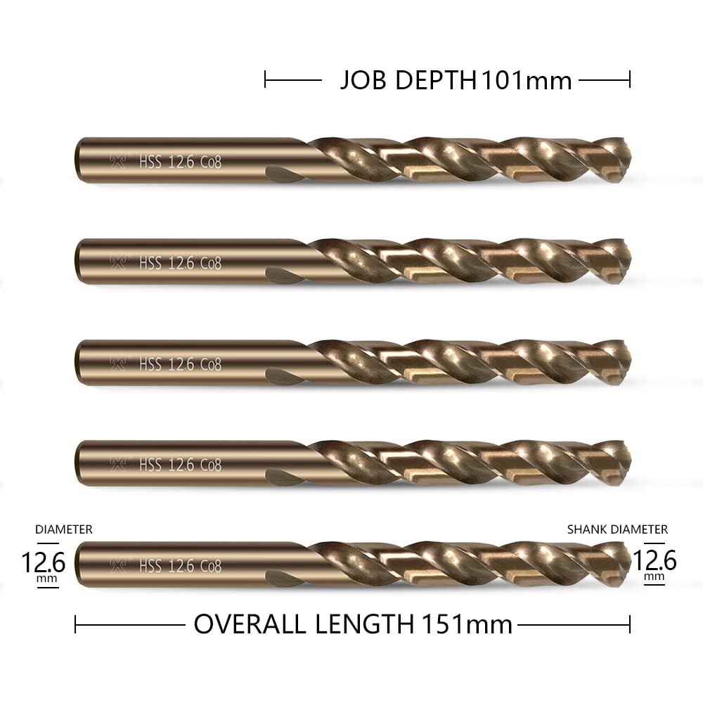 HUAZHICHUN 5PCS Size 12.6mm,M42 8%,Cobalt Drill Bit, M42 HSS Metal Drill Bit Set for Hard Metal, Stainless Steel, Cast Iron
