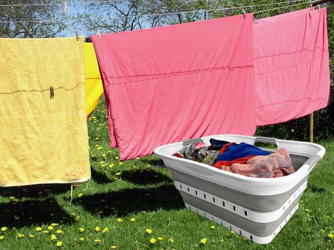 Image of SAMMART 42L (11 gallons) Set of 2 Plastic Foldable Storage Basket /Container - Collapsible, Space Saving and Portable Laundry Hamper, Ideal for Home, Travel, Dorm, and Camping (2, White /Grey)