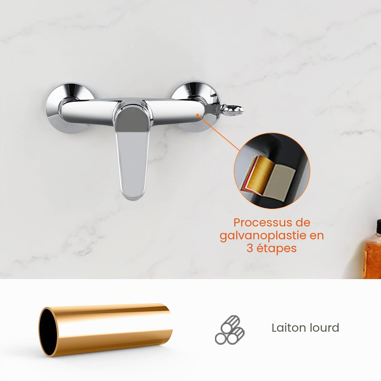 Ibergrif M12059-1 Mitigeur monocommande Douche, Robinet Douche Universel Filetage G1/2, Mitigeur de Douche Mural avec Support de Douche, Laiton, Chromé