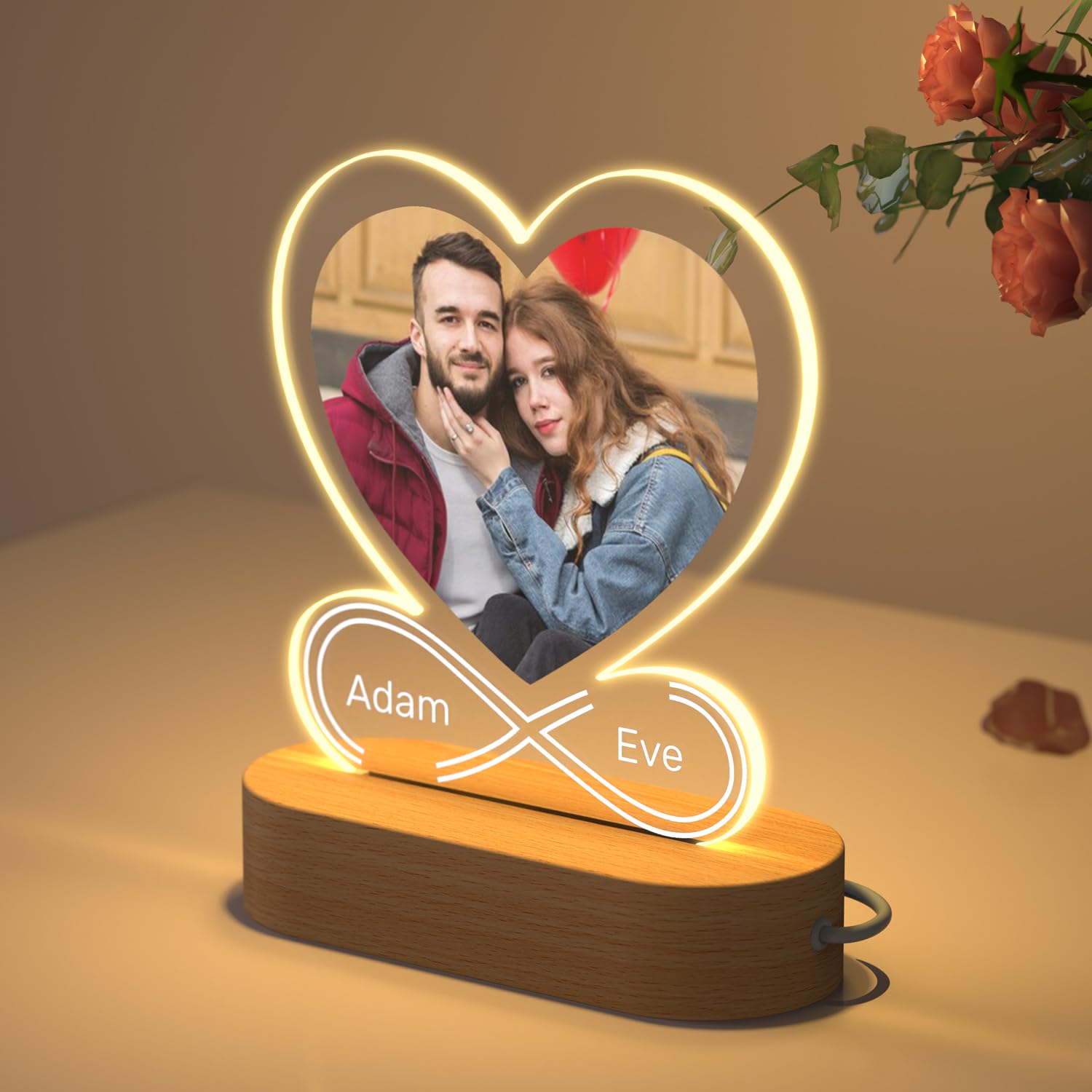 HOBULL Lámpara Personalizada con Foto Corazón y Textos, Luz LED Nocturna Metacrilato Marco Personalizado Cuadro Foto, Originales Regalos Personalizados para Aniversario San Valentín Cumpleaños