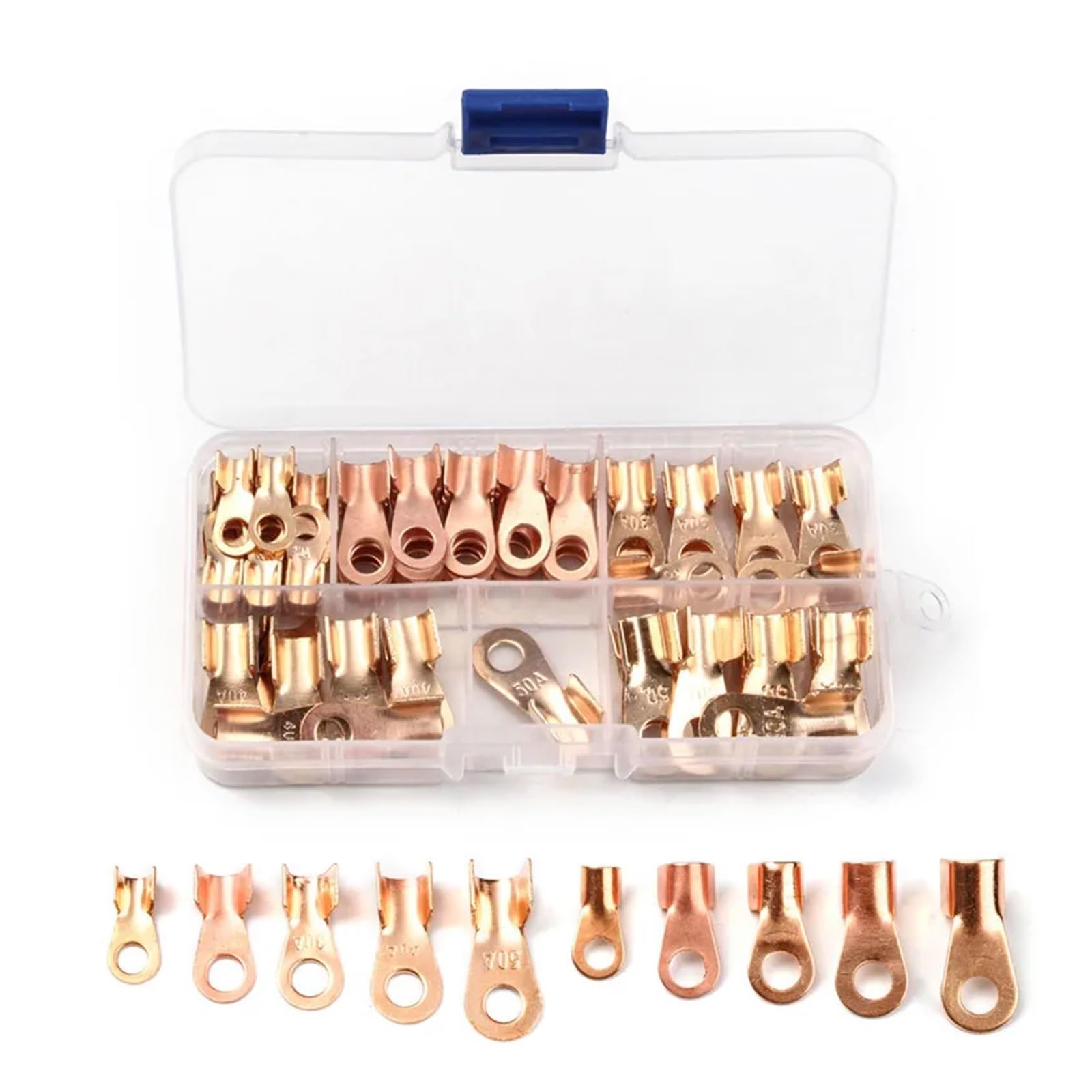 YT 70PCS Bolt Hole Tinned OT Open Ring Type Copper Terminal Lugs Non-Insulated Wire Cable Terminal Connector 10A/20A/30A/40A/50A