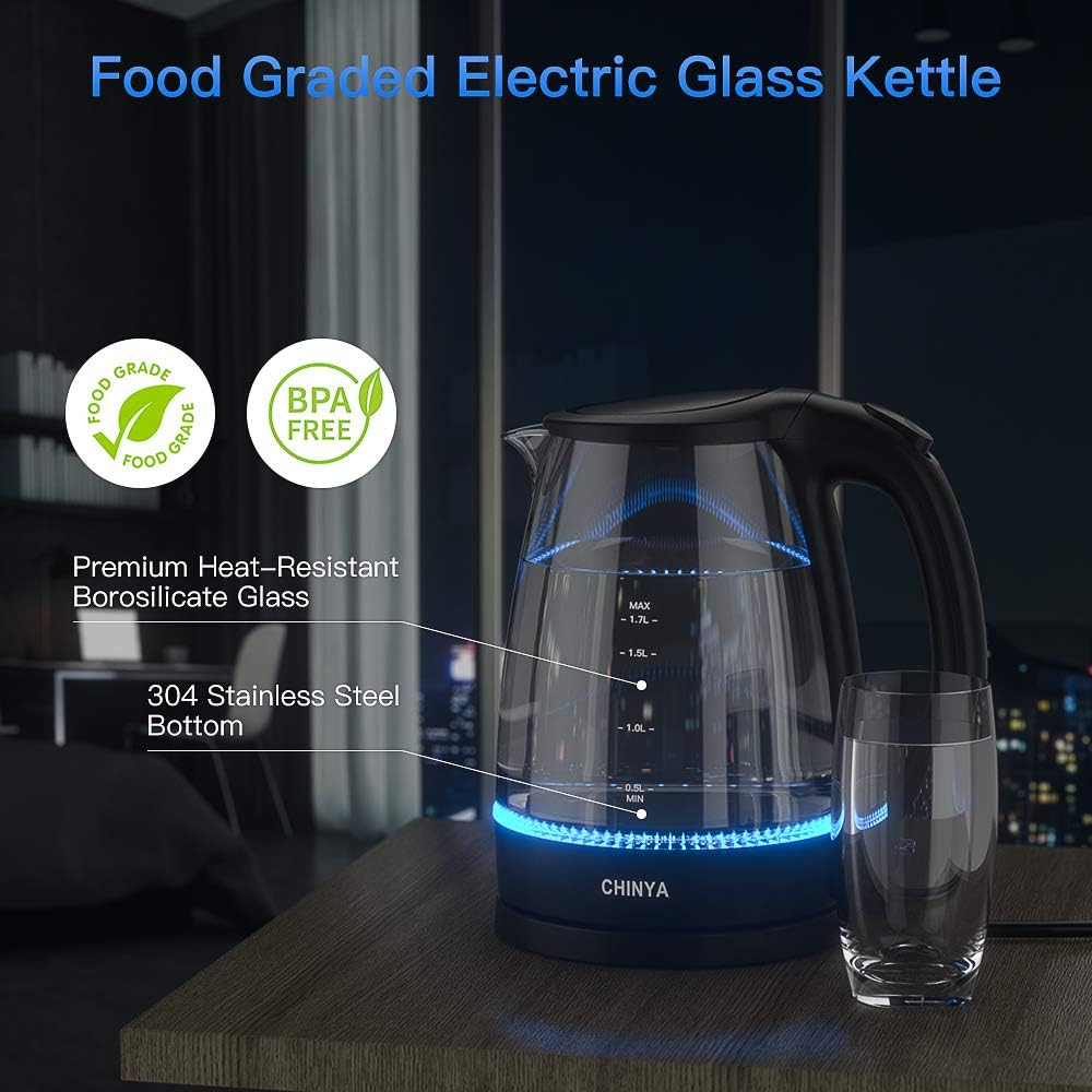 Electric Hot Water Glass Kettle, CHINYA Water Boiler & Heater for 1.7 Liter with Heat Tempered Borosilicate Glass,LED Indicator,Cordless,1500W, BPA-Free Fast Heating Element with Auto Shutoff and Boil Dry Protection (Silver)