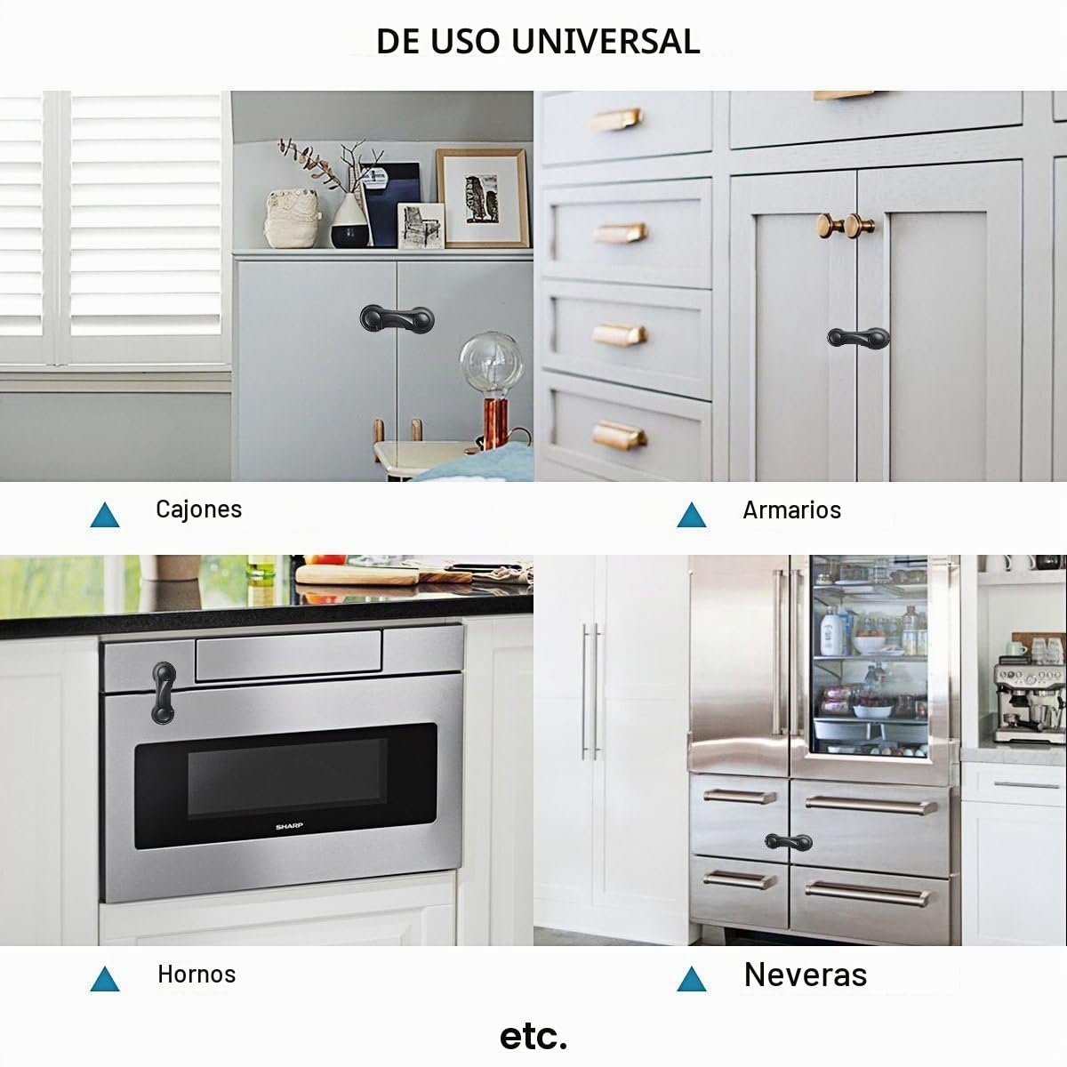 Juego de 10 cierres para puerta de bebé, para armarios, cajones, para niños, para cajones, versión actualizada para muebles, cocina, adhesivo fuerte, sin taladrar (negro)